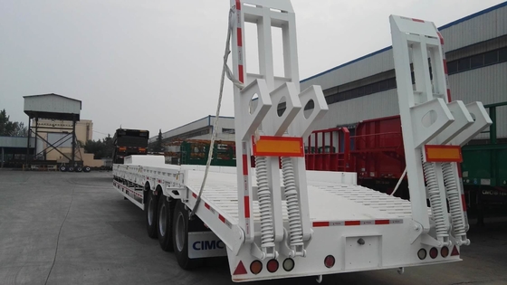 3 Axle Low Bed Semi Trailer Red Color With Self Steering Axles And Hydraulic Ramps