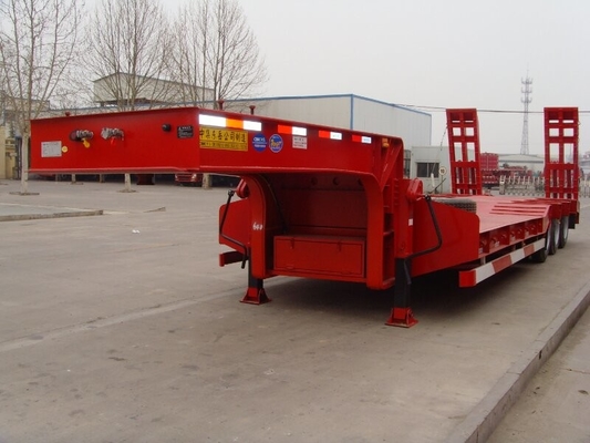 13T Three Axle Low Bed Trailer Equipment , Semi Trailer Truck Red Color